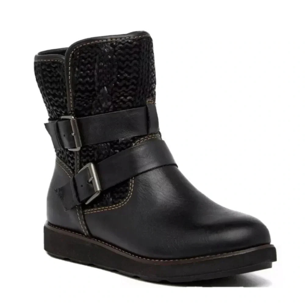 New Bionica Nordic Mid-Calf Cable Knit Boots Leather buckle woven moto lug